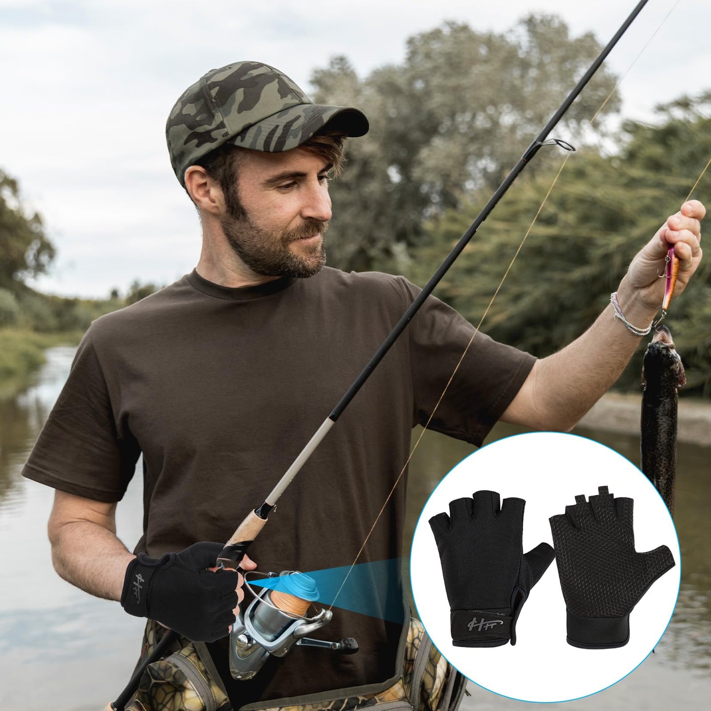 Fingerless Gloves Fishing Gloves Water Anti-Slip Sun Protection Gloves Performance Adjustable Gloves for Men Women Kayaking Paddling Climbing Biking Sailing Training Sport Fitness (Black, M)