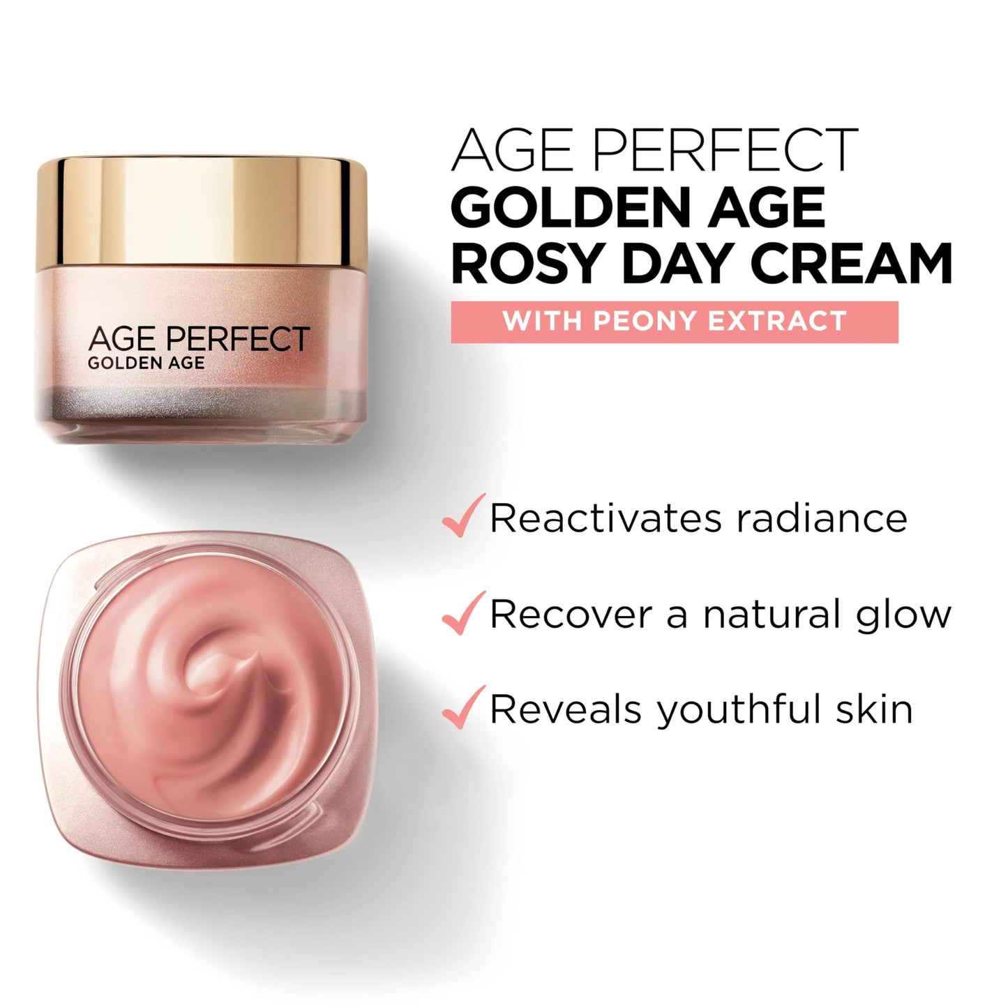 L’Oréal Paris Age Perfect Golden Age Rosy Day Cream 60+, Moisturising, Reactivates Radiance with Instant Glow, Peony Native Cells, Calcium B3, 50ml