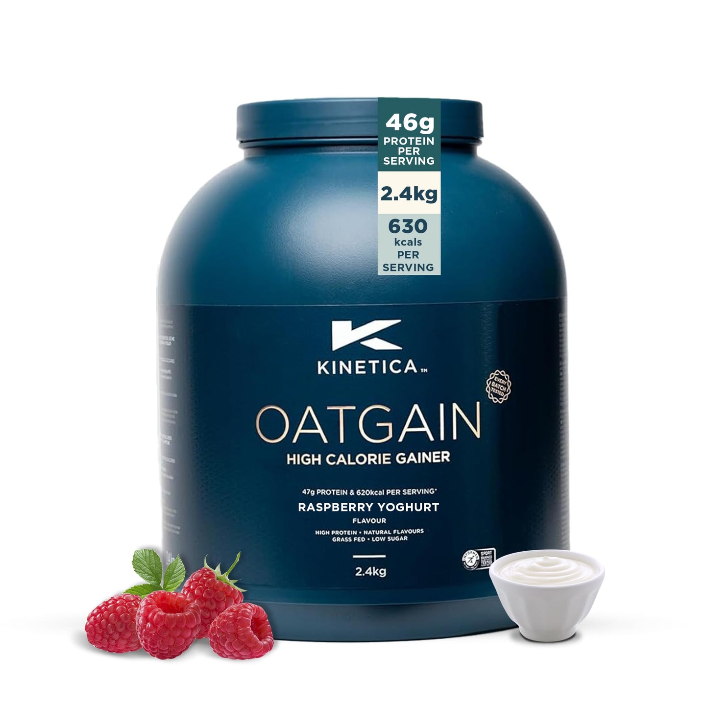 Kinetica Sports OatGain Weight Gainer - Raspberry Yoghurt Flavour | 630 Cal, 46g Protein & 82g Carbs/Serve, 15 Servings/2.4Kg | Optimum Grass Fed Protein Supplement | High Calorie & Easy Mixability