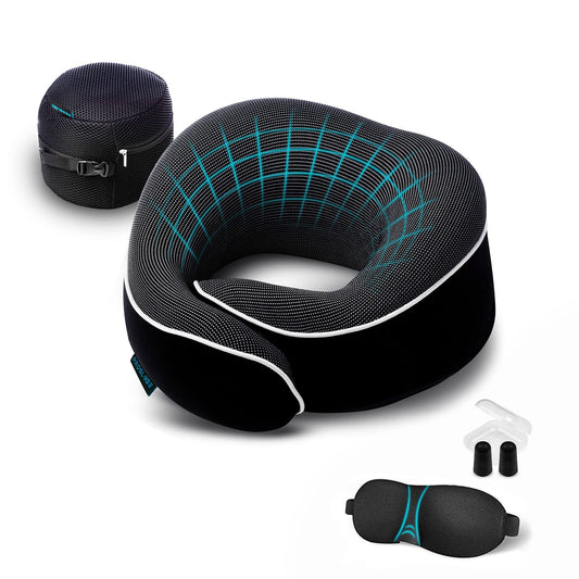 Proglobe Travel Pillow, Memory Foam Neck Pillow Set, Orthopedic Pillow, Travel Essentials for Flying, Kit with 3D Contoured Sleep Mask, Earplugs and Luxury Mesh Bag (Black)