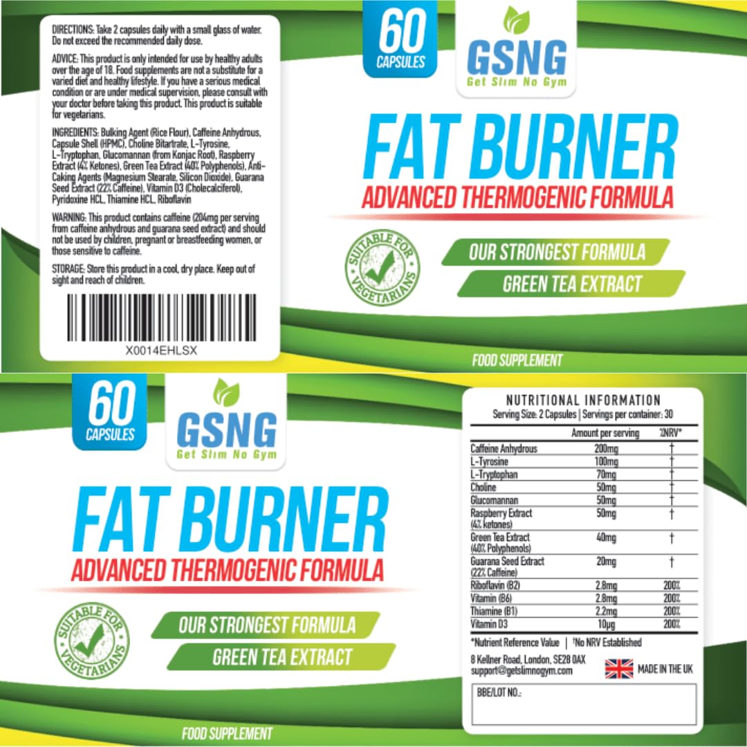 Fat Burner Weight Loss Pills – Metabolism Booster, Appetite Suppressant - Green Tea Extract Lean Slimming Diet Supplement for Men & Women - UK Premium Manufacture - 60 Vegetarian Capsules – GSNG