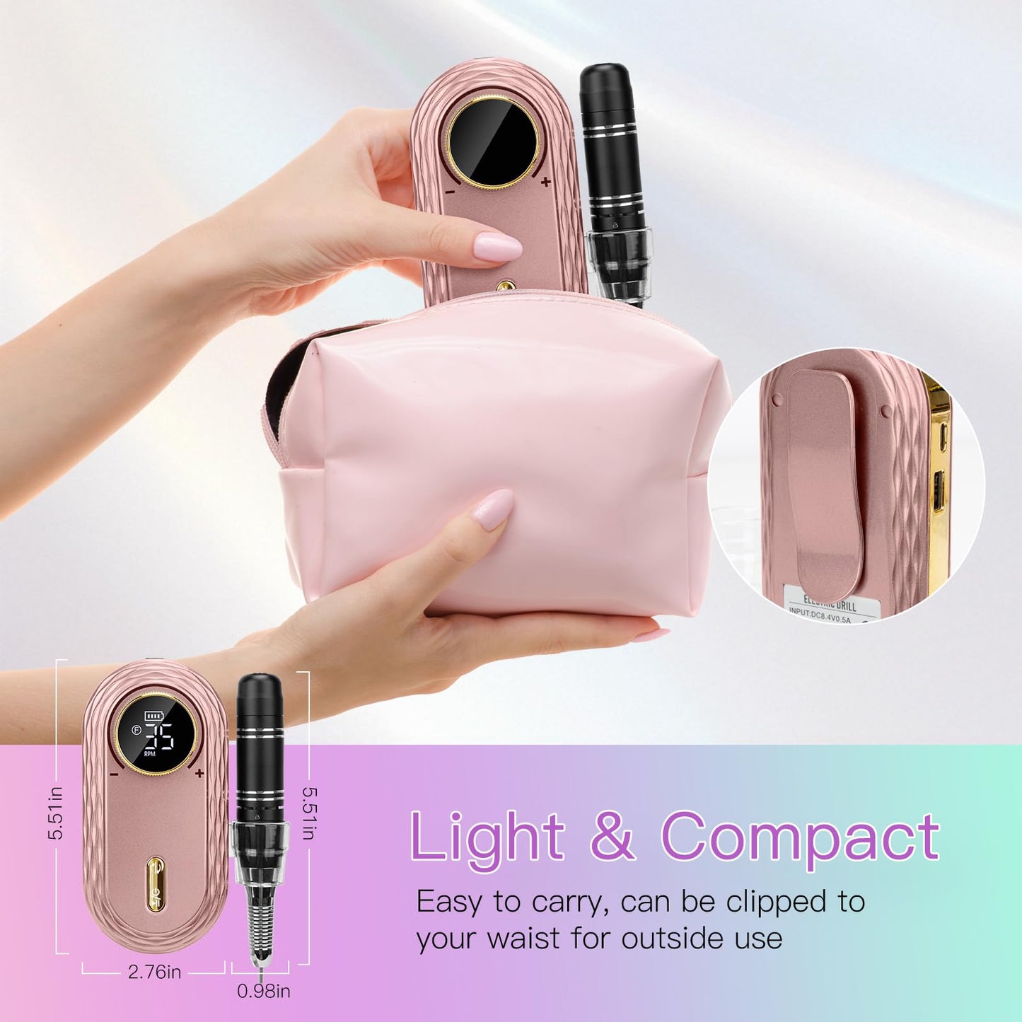 Madenia Electric Nail File 35000RPM, Professional Rechargeable Nail Drill Machine with Ceramic & Metal Drill Bits, Cordless E File Portable Efile for Acrylic Nails Gel Salon Home Manicure Use (Pink)