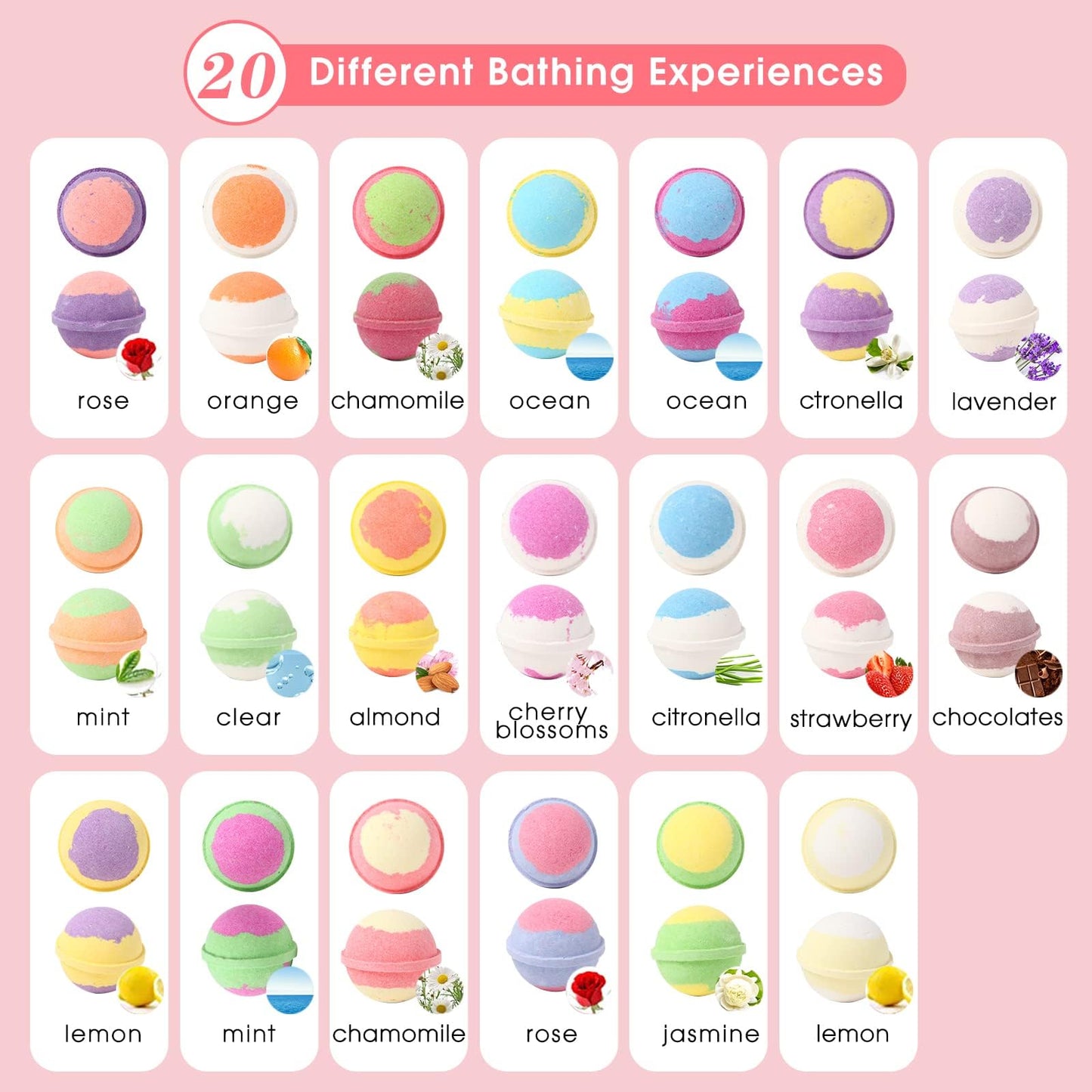 Fafamara Bath Bombs, Foaming Gift Set 20 Organic & Natural Handcrafted Essential Oils Relaxation and Stress Relief Fizzy Balls Ideal Birthday Gift for Her/Him, Women, Wife, Girlfriend, Mother
