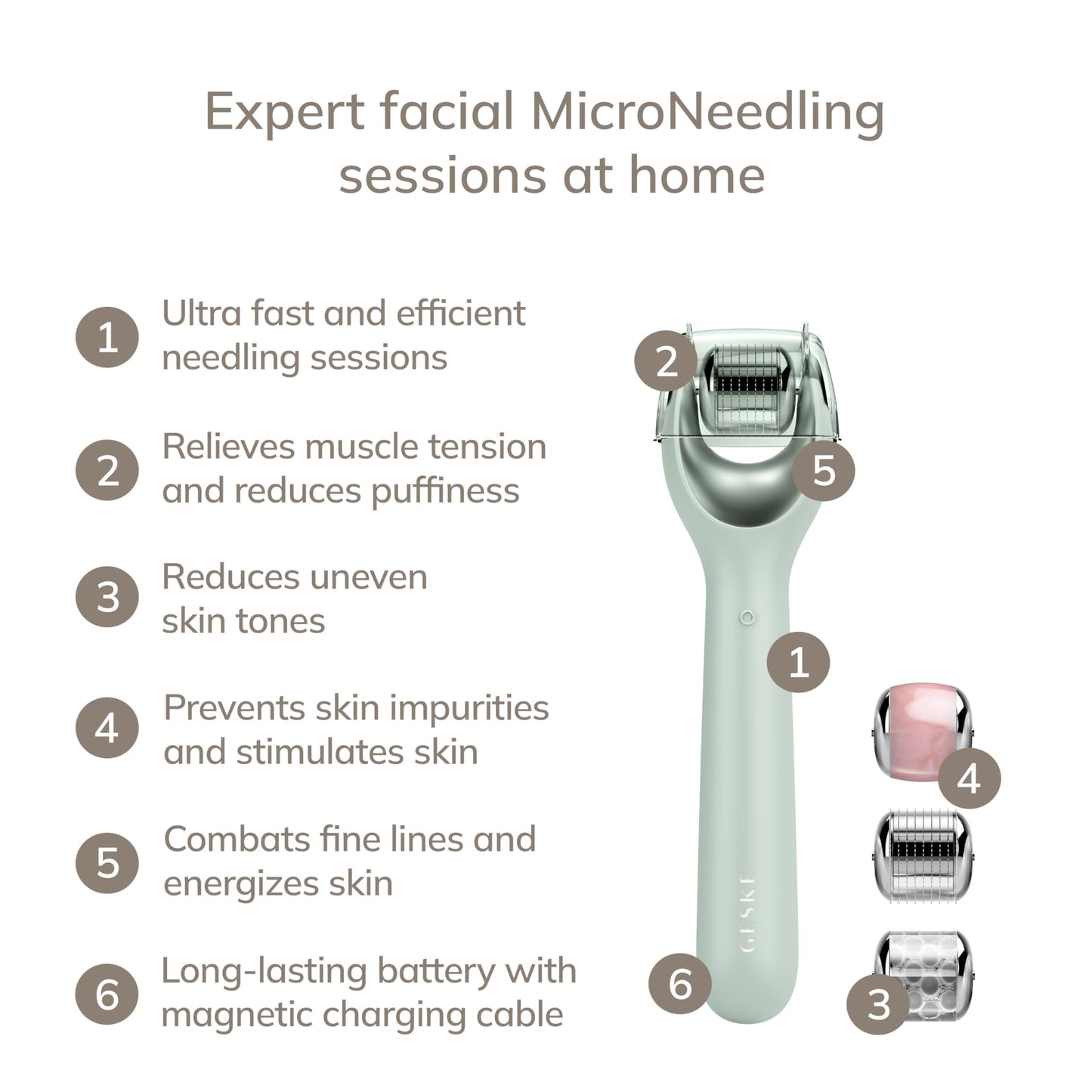 GESKE SmartAppGuided™ MicroNeedle Face Roller | 9 in 1 | Electric derma roller with rose quartz | Professional microneedling device | Needle roller | Beauty roller for face