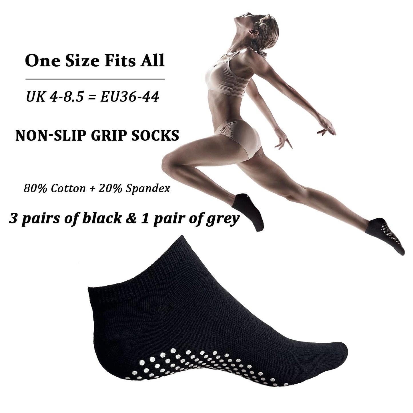KEYRI 4 Pairs Non Slip Yoga Socks Pilates Socks Cotton Yoga Socks for women and men with Grips,Ballet Home Hospital Fitness Sports Socks,Full Toe Ankle Non-Slip Grip Socks,One Size (3 Black + 1 Gray)