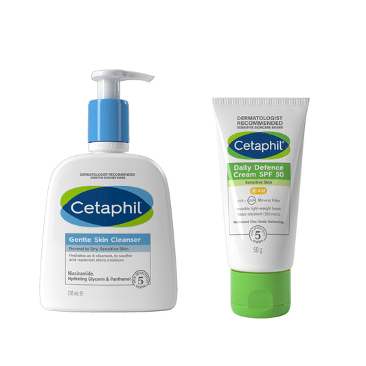 Cetaphil Sensitive Skin Daily Essentials Skincare Set, Gentle Skin Cleanser 236ml + SPF 50 Face Cream 50g, For All Skin Type