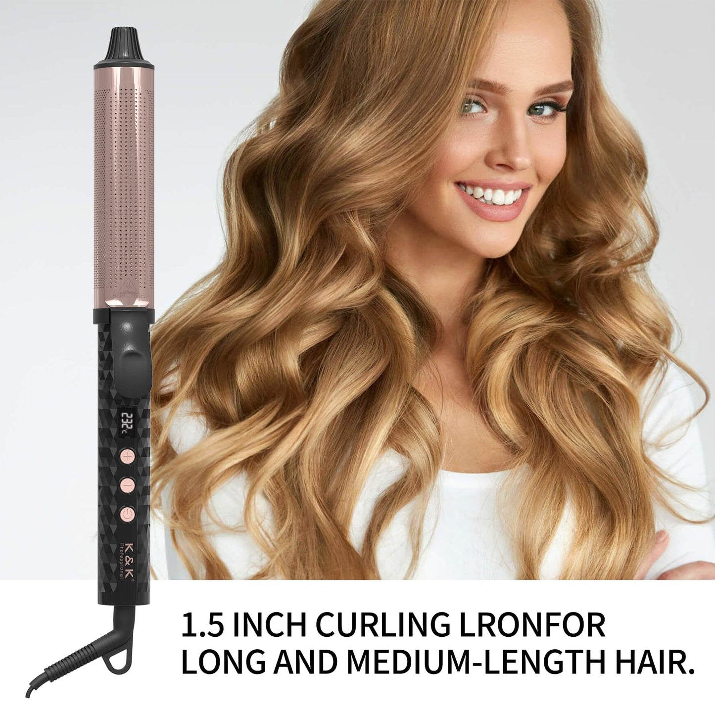 K&K Professional Red Light Therapy Infrared Dual Voltage Curling Iron, 38mm Rose Gold Aluminium Barrel, with Display for Temperature Control up to 232°C
