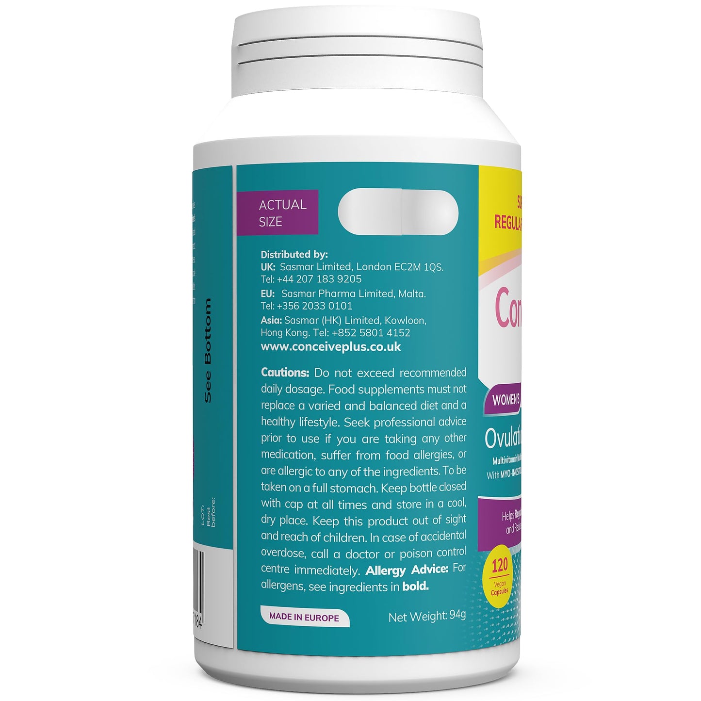 Conceive Plus Ovulation Support - PCOS Supplement for Fertility, Myo-Inositol & D-Chiro Inositol, Folate, Ginger and CoQ10 - Ovulation Supplement, Hormone Balance for Women - 120 Capsules