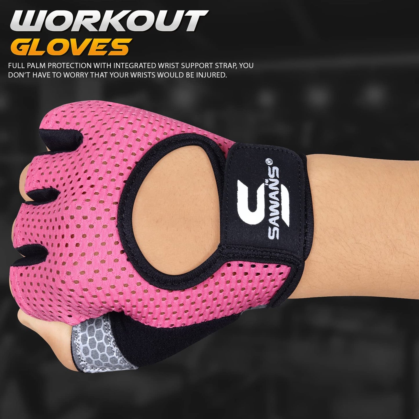 SAWANS Gym Gloves for Men & Women Weight Lifting Fitness Gloves Breathable Ladies Gloves Training Non-Slip Silicone Padded Palm Grip Protection Exercise Workout Cycling Pull ups Microfiber (Pink, M)