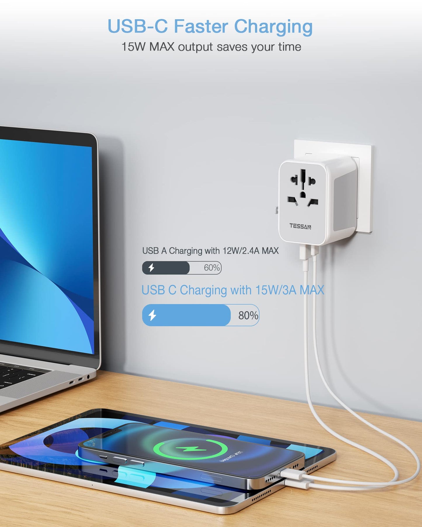 TESSAN Universal Travel Adapter Worldwide with 2 USB C and 2 USB A Ports, Universal Plug Adaptor UK to World, International Travel Adapter for Multi Countries EU, USA, UK, Australia, Thailand etc.