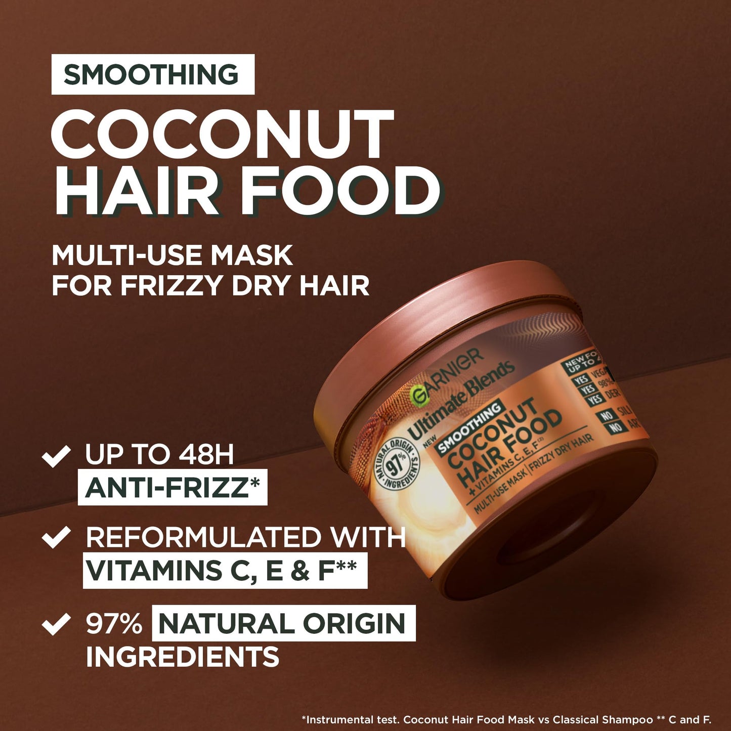 Garnier Hair Food 3-in-1 Hair Treatment Mask, Smooths and Nourishes, For Frizzy & Curly Hair, No Silicones, Vegan Formula, Coconut Oil, Ultimate Blends, 400ml (Packing and Ingredients may vary)