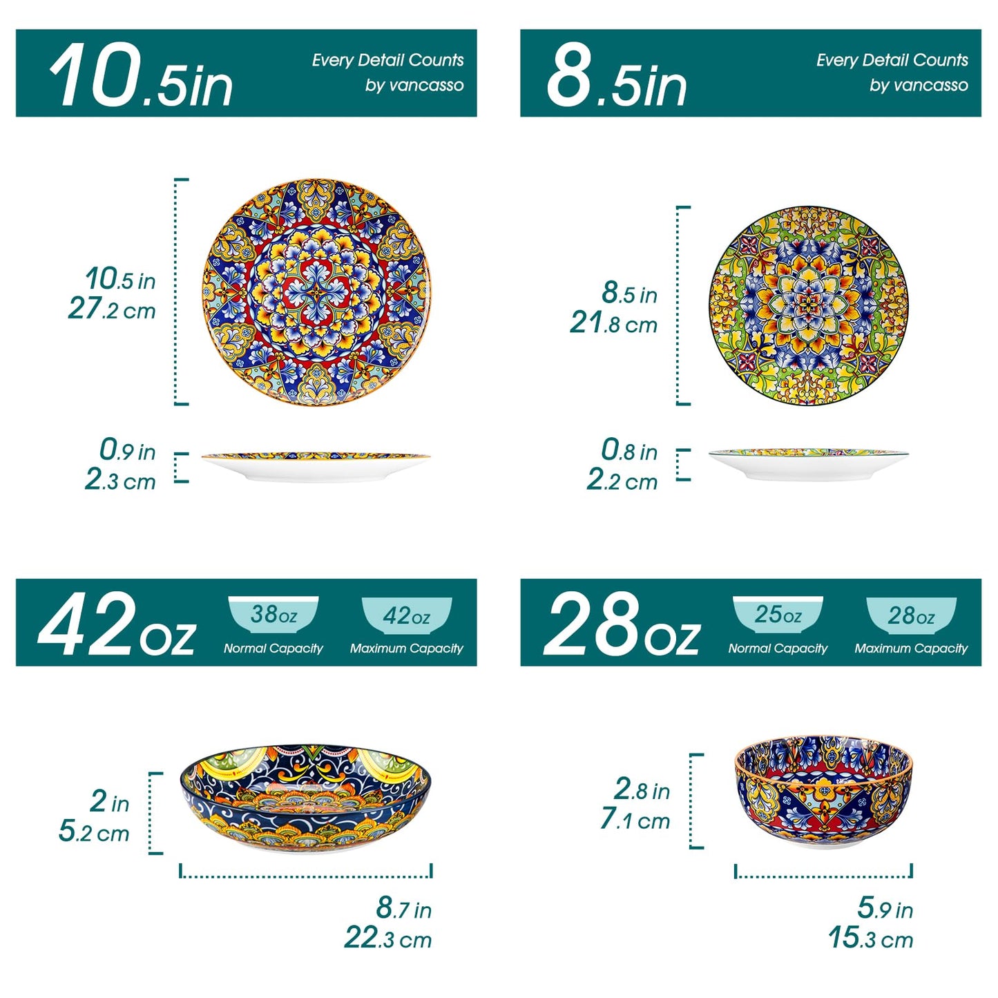 vancasso SIMI Dinner Set- 24 Pieces for 6 People, Porcelain Plates and Bowls Set, Bohemian Style Dinnerware Sets, Scratch Resistant Dinner Service Set, Dishwasher and Microwave Safe