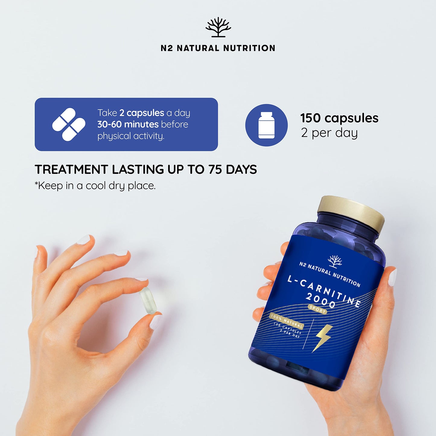 Natural L CARNITINE 2000mg 150 Capsules 75 Days (only 2 Capsules per Day) High Concentration Improves Sports Performance. Weight Loss, Energy Resistance. CE Manufactured. N2 Natural Nutrition