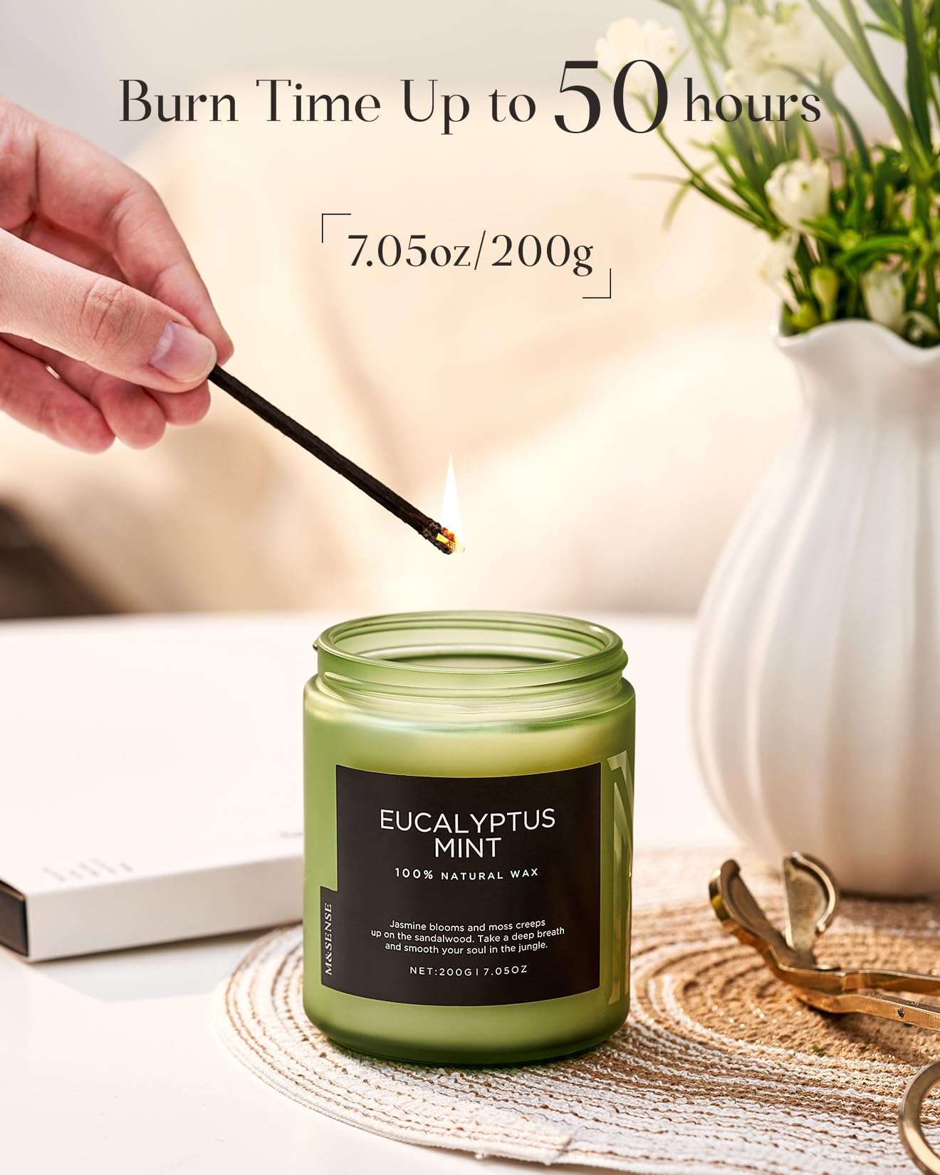 M&SENSE Eucalyptus Mint Soy Scented Candles Gifts for Men Strong Non Toxic 200g 50H Highly Scented Candles Gifts for Women Organic Small Jar Peppermint Woody Candle for Spa Nights Relaxation