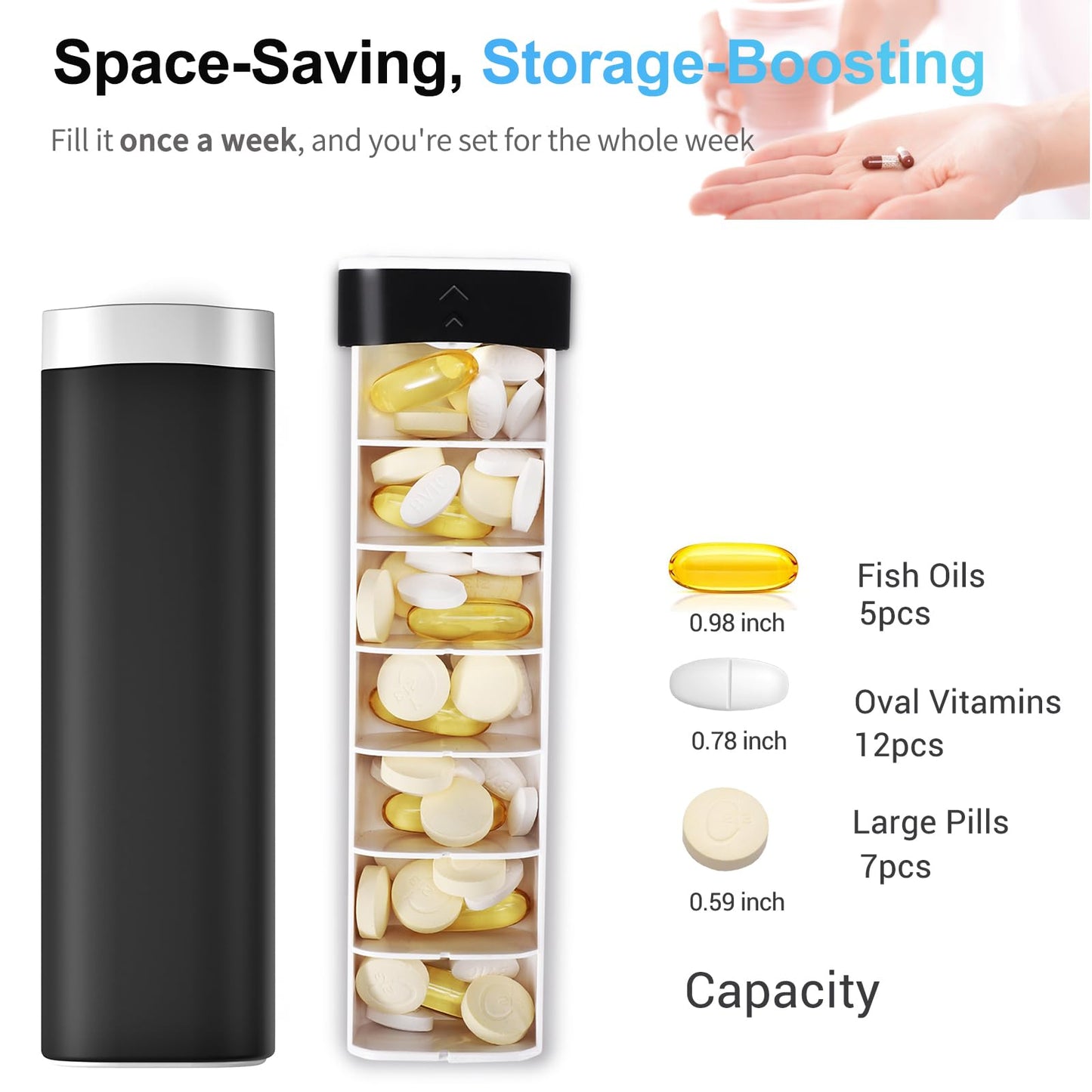 Pill Box 7 Day 1 Times a Day, Betife Daily Pill Organiser, Weekly Travel Tablet Organiser, Cute Pill Holder to Hold Vitamins, Medicines, Pills, Supplements (Black)