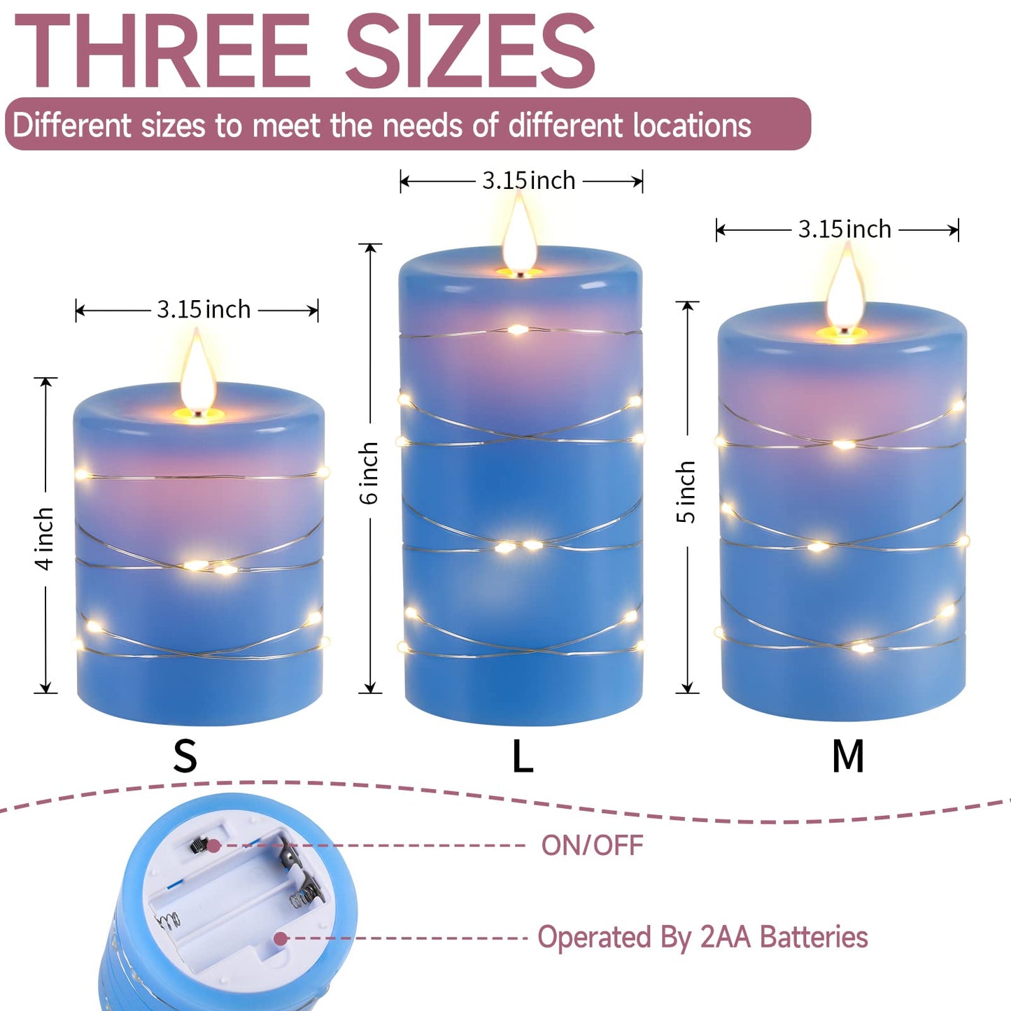 Flameless Candles 360 Degree Viewing Angle, with Starry String Lights, 3-Pack Fairy String Lights LED Candles, with 10-Key Remote Control, 24-Hour Timer Function, Dancing Flame, Real Wax(Blue).