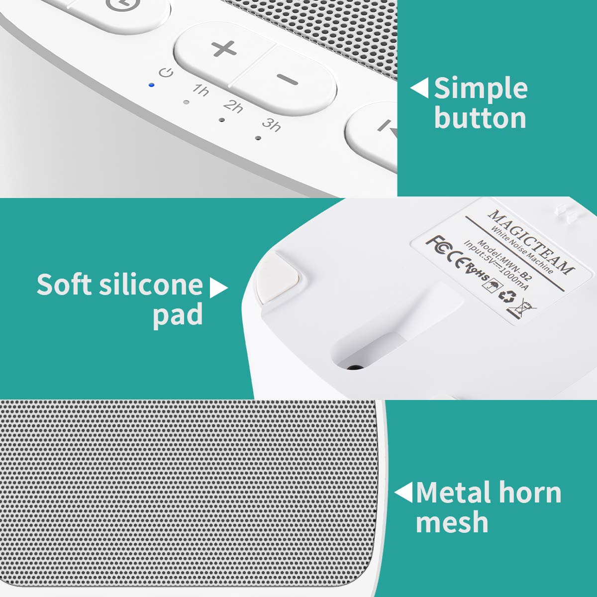 Magicteam Sleep Sound White Noise Machine with 40 Natural Soothing Sounds and Memory Function 32 Levels of Volume Sleep Timer Sound Therapy for Baby Kids Adults (White)