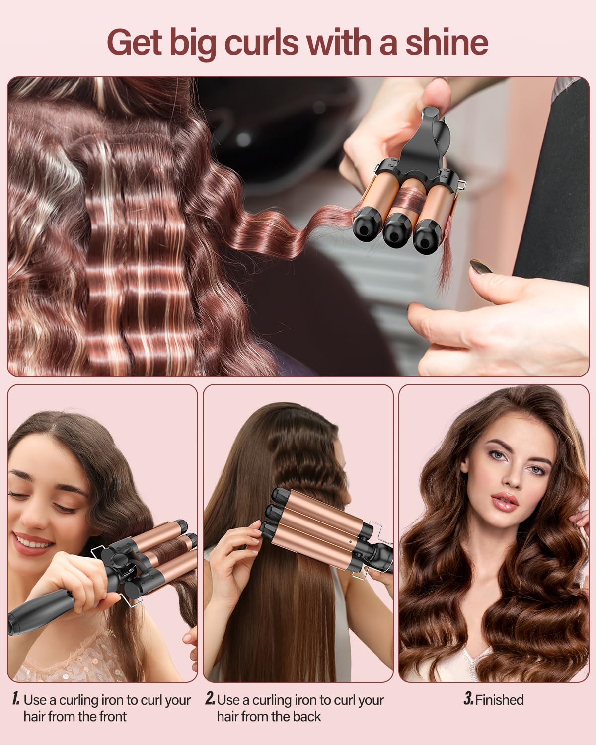 BESTOPE RAY Hair Curler 25mm, 3 Barrel Hair Waver with 30s Quick Heating, Curling Iron with 2 Temperature Control, Heat-Resistant Glove for Long Medium Short Hair