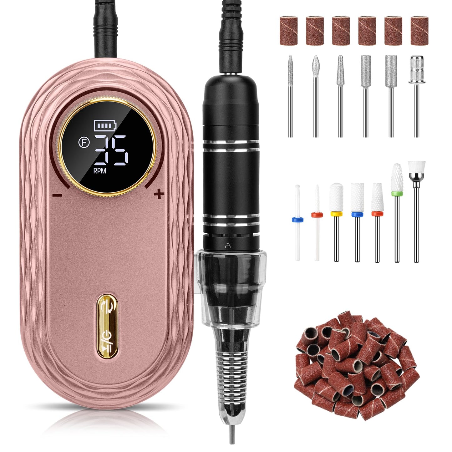 Madenia Electric Nail File 35000RPM, Professional Rechargeable Nail Drill Machine with Ceramic & Metal Drill Bits, Cordless E File Portable Efile for Acrylic Nails Gel Salon Home Manicure Use (Pink)