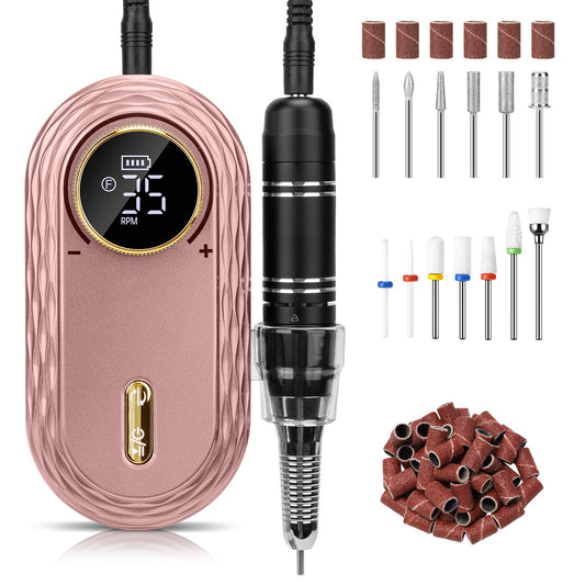 Madenia Electric Nail File 35000RPM, Professional Rechargeable Nail Drill Machine with Ceramic & Metal Drill Bits, Cordless E File Portable Efile for Acrylic Nails Gel Salon Home Manicure Use (Pink)