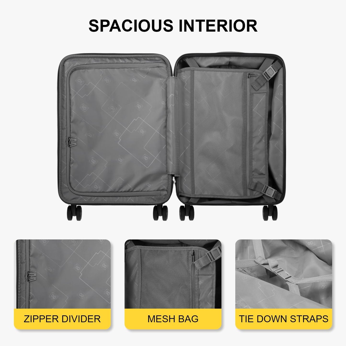 LEVEL8 Carry on Suitcase, 55CM Hand Luggage Expandable with Laptop Compartment, ABS+PC Hardshell Spinner Trolley Cabin Size with 4 Wheels, TSA, Black