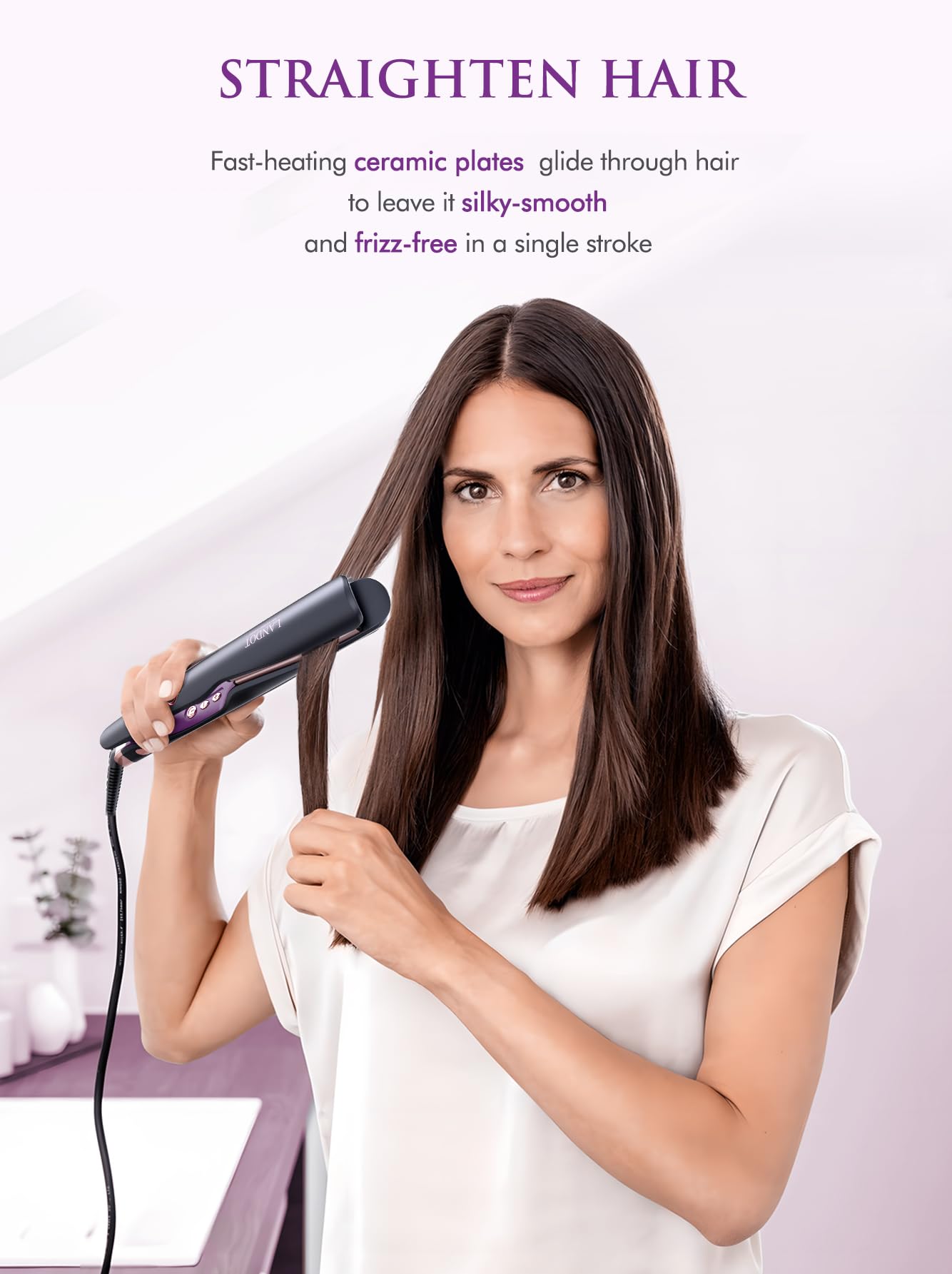 LANDOT 2 in 1 Hair Straightener and Curler, Straightens/Curls/Waves, Adjustable Temperature 120-230℃ for All Hair Types, Professional Pro Twist Styler for Women