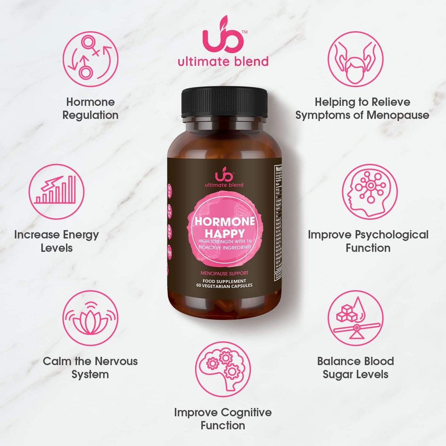 Hormone Happy Menopause Support Supplement | 60 Vegan Capsules | 16 Active Ingredients | High-Strength Daily Formula for Energy, Hormonal Balance & Immune Support | by Ultimate Blend