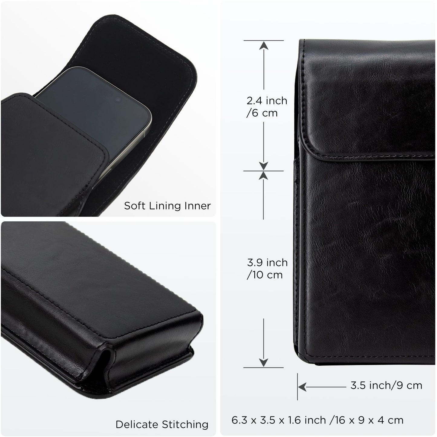 INGIDO Holster for iPhone 16, 16 Pro, iPhone 15, 15 Pro, 14, 14 Pro, 13, 13 Pro, 12, 12 Pro, 11, Galaxy S25, S24, S23, S22, Premium Leather Pouch with Belt Clip Phone Holster Belt Case, Black -M