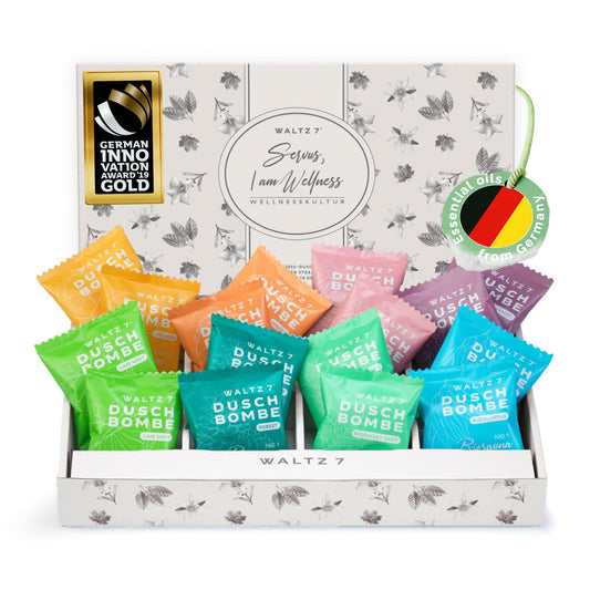 WALTZ 7 Shower Steamers Set, 16 Pieces, 8 Scents, Shower Bombs Made in EU, Natural Essential Aromatherapy Oils, Unique Spa Stress Relief, Pamper Gift for Women, Men, Mum, Grandma, Birthday