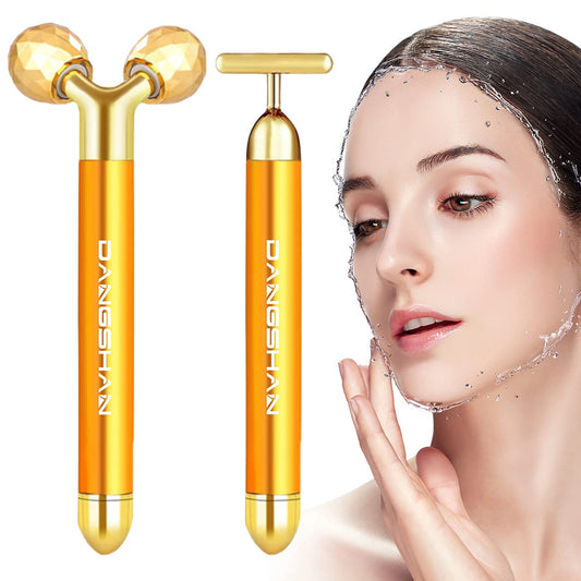 2-in-1 Electric Face Massager Beauty Bar 24k Golden Facial Massager, 3D Roller and T Shape Facial Roller Massager Kit Arm Eye Nose Massager Skin Care Tools