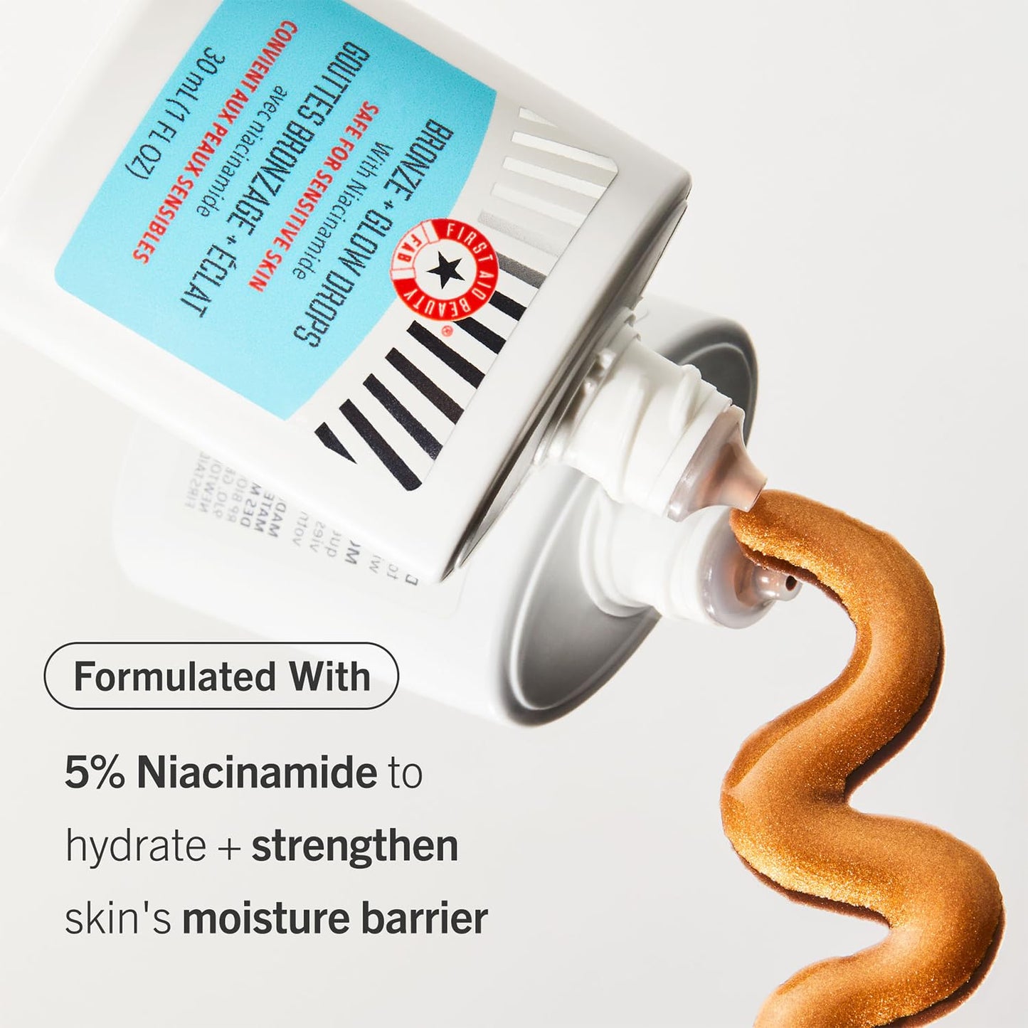 First Aid Beauty - Bronze + Glow Drops with Niacinamide, Visibly Evens Skin Tone, Blurs Pores and Hydrates for 24 hours with a Bronze Kiss of Color, Non-Comedogenic, Safe for Sensitive Skin, 30 mL