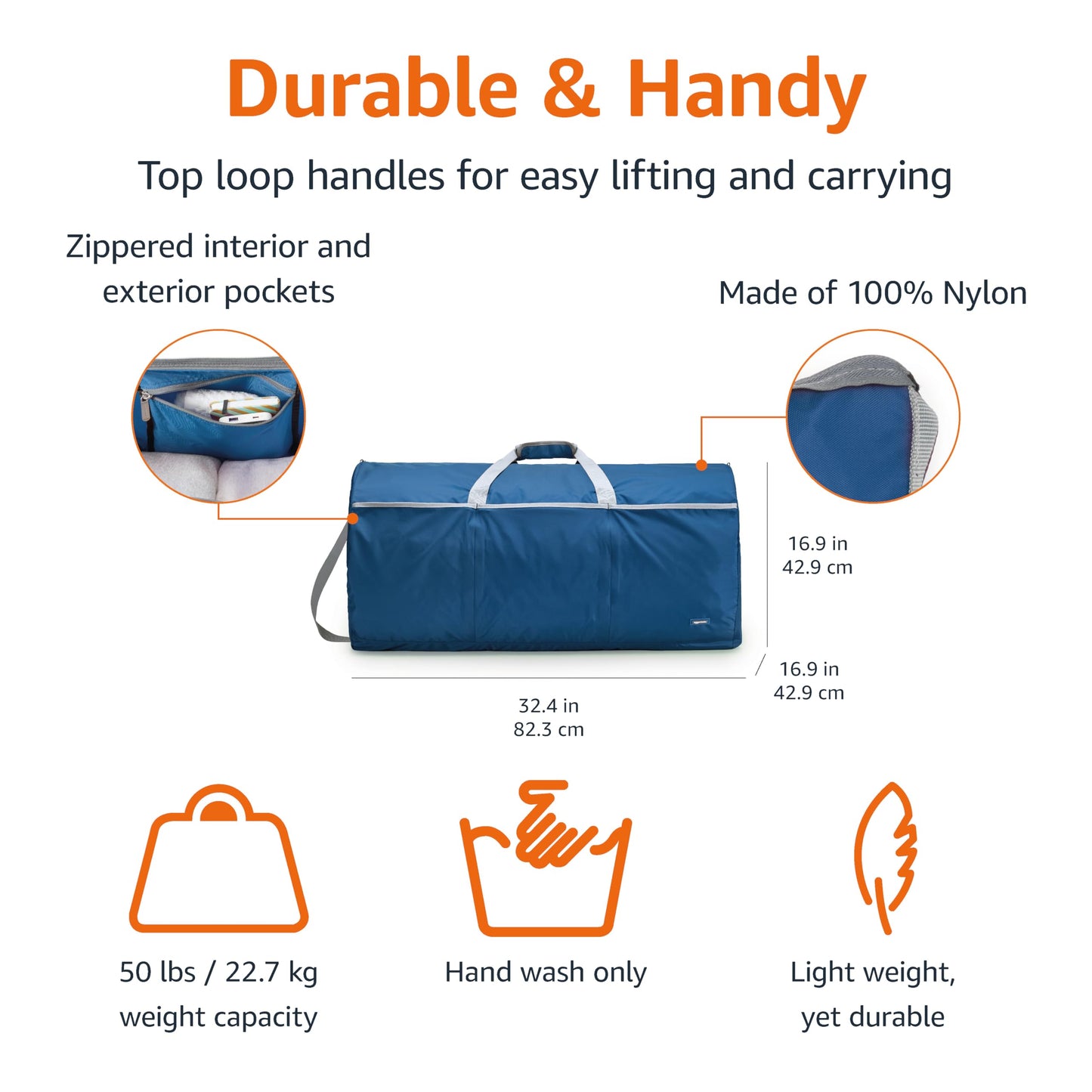 Amazon Basics Extra Large Duffel Bag (98L), Travel and Sports Equipment Bag with Multiple Zippered Pockets, Lightweight yet Durable Nylon Material, 23kg Weight Capacity, Navy Blue, 82 x 43 x 43 cm