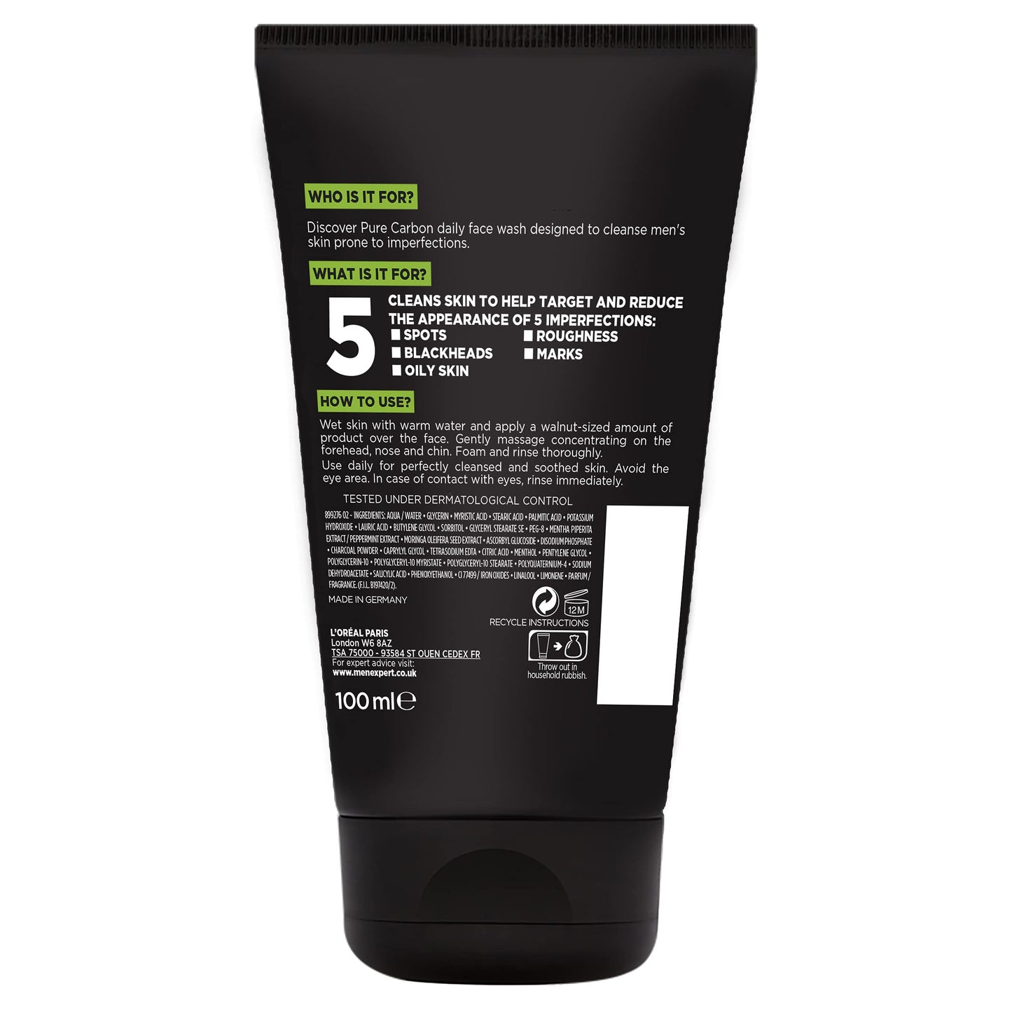 L'Oreal Paris Men Expert Face Wash Pure Charcoal, Glycerin, and Salicylic acid - Blackhead Cleanser for Men, 100 ml (Pack of 1)