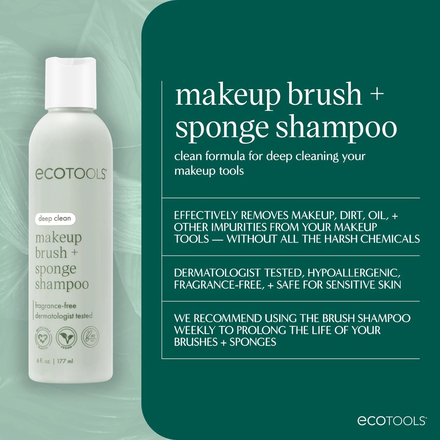 EcoTools Makeup Brush and Sponge Shampoo, Removes Makeup, Dirt, & Impurities From Makeup Brushes & Makeup Blending Sponges, Fragrance-Free, Vegan, & Cruelty-Free, 6 fl.oz./ 177 ml, 1 Count