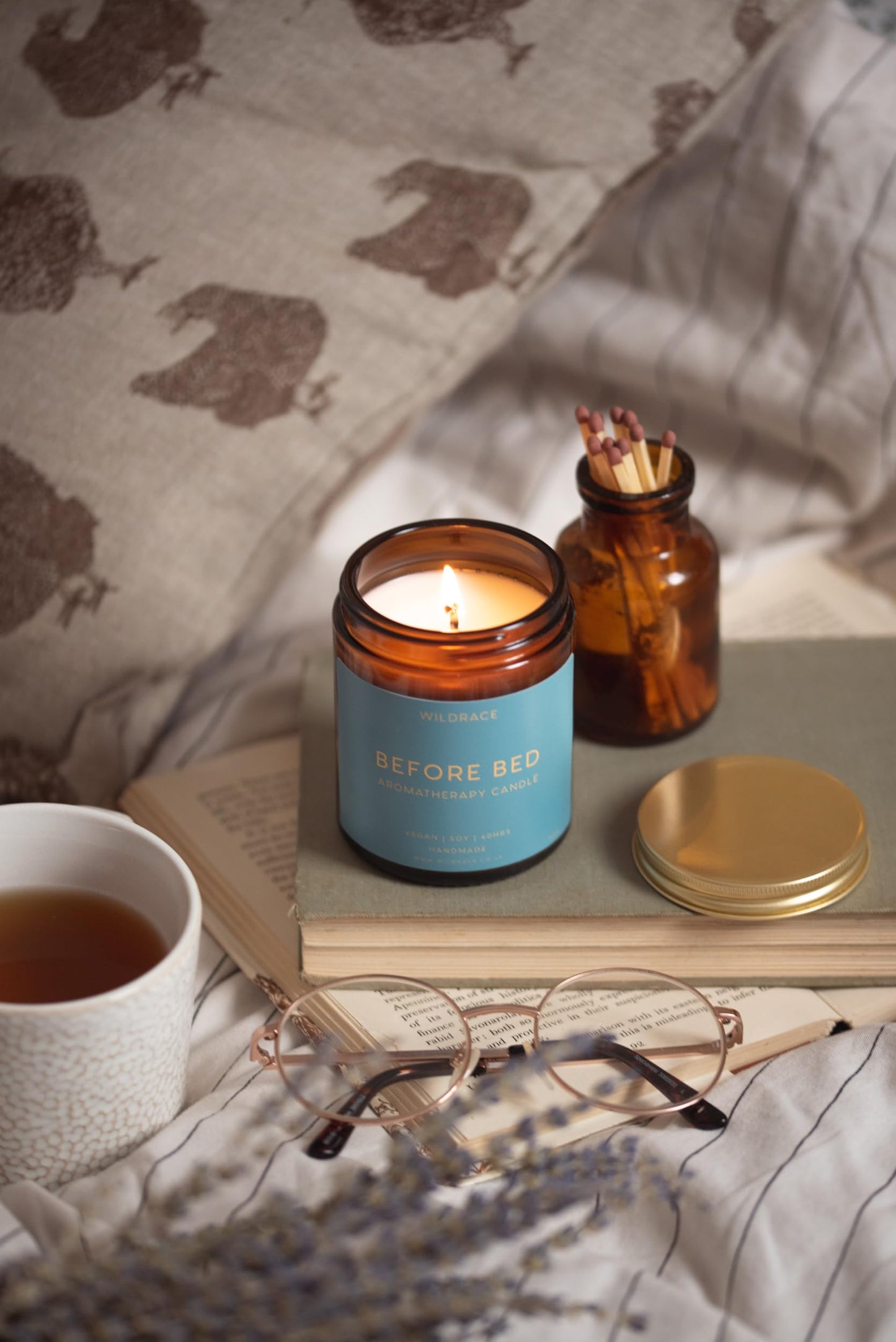 WILDRACE Before Bed Relaxation Candle | Clary Sage, Neroli, Geranium & Lavender Blend for Sleep & Stress Relief | 100% Soy Wax, Essential Oils, Plastic-Free | Natural Aromatherapy for Better Sleep