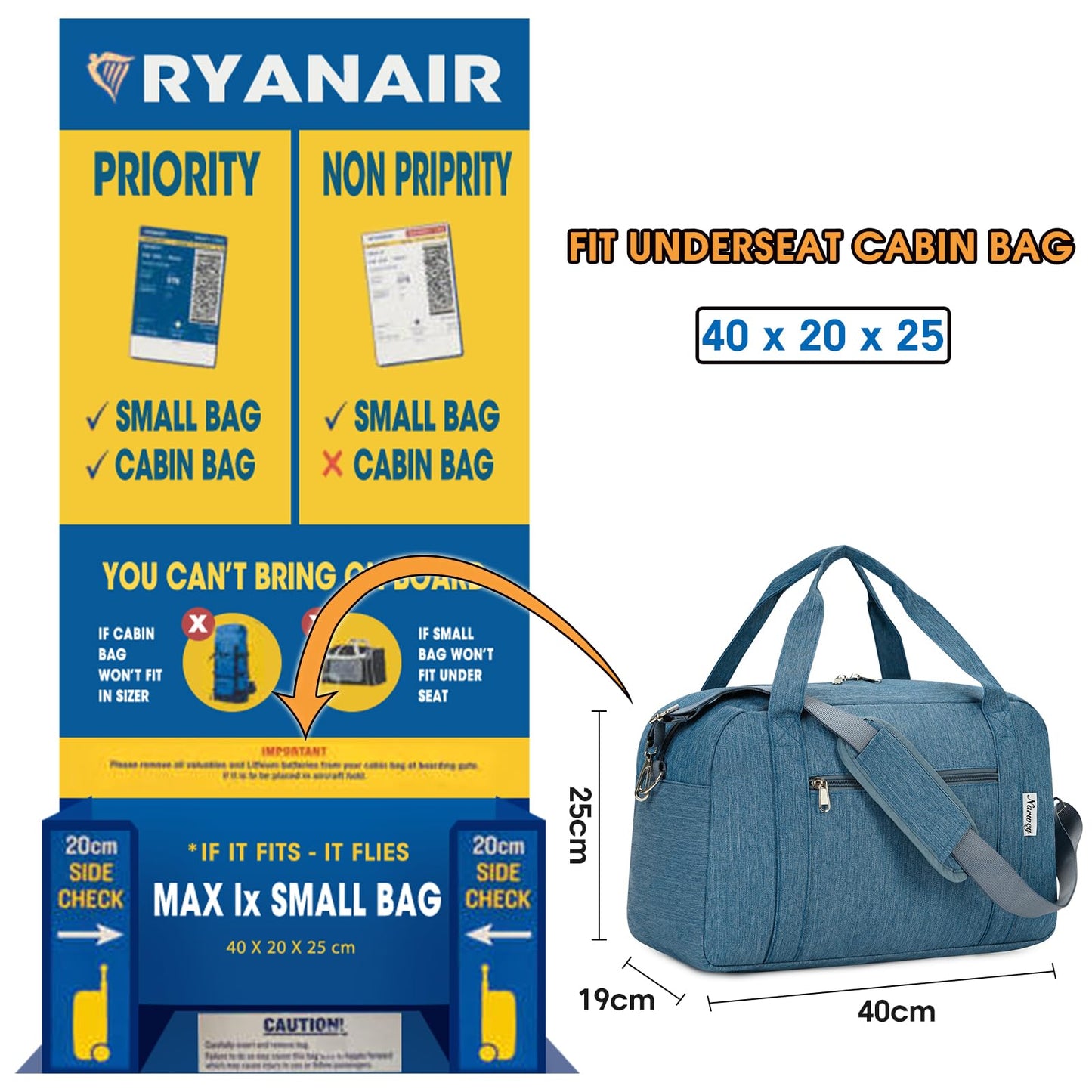 for Ryanair Cabin Bag 40X20X25cm Underseat Travel Duffel Bag Holdall Tote Carry on Luggage for Women and Men 20L (Navy Blue)
