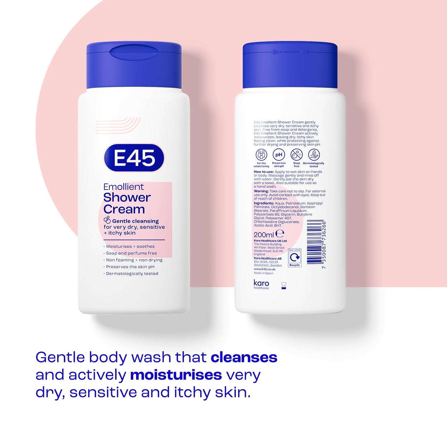 E45 Shower Cream for Dry, Sensitive, and Itchy Skin - Moisturising Body Wash for Men and Women - Helps Maintain Skin pH - Suitable for Eczema and Dermatologically Tested - 200 ml
