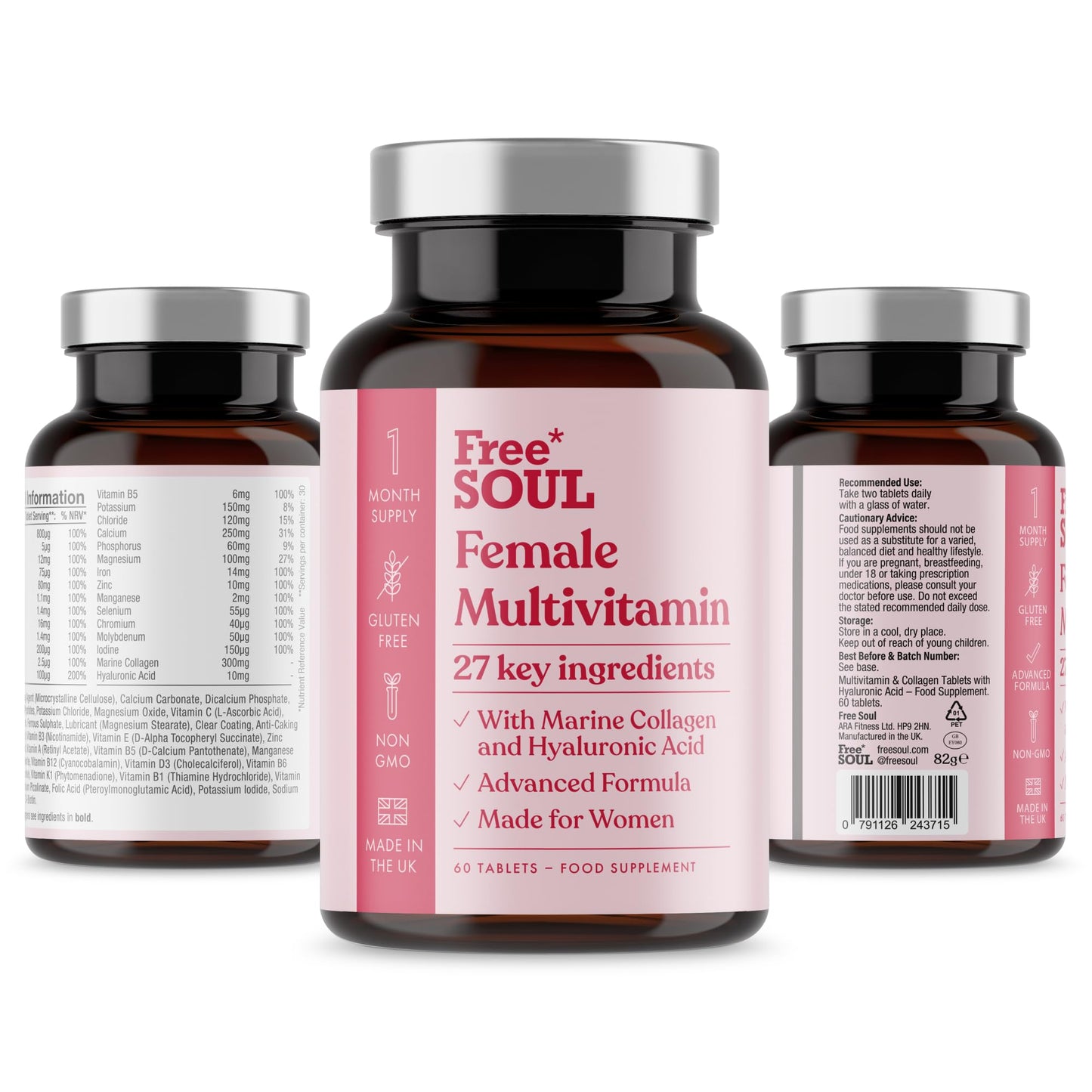 Women's Multivitamins & Minerals with Marine Collagen & Hyaluronic Acid | 27 Essential Vitamins, Minerals, & Botanicals | Gluten-Free & No Synthetic Fillers or Binders | 60 Tablets | Free Soul