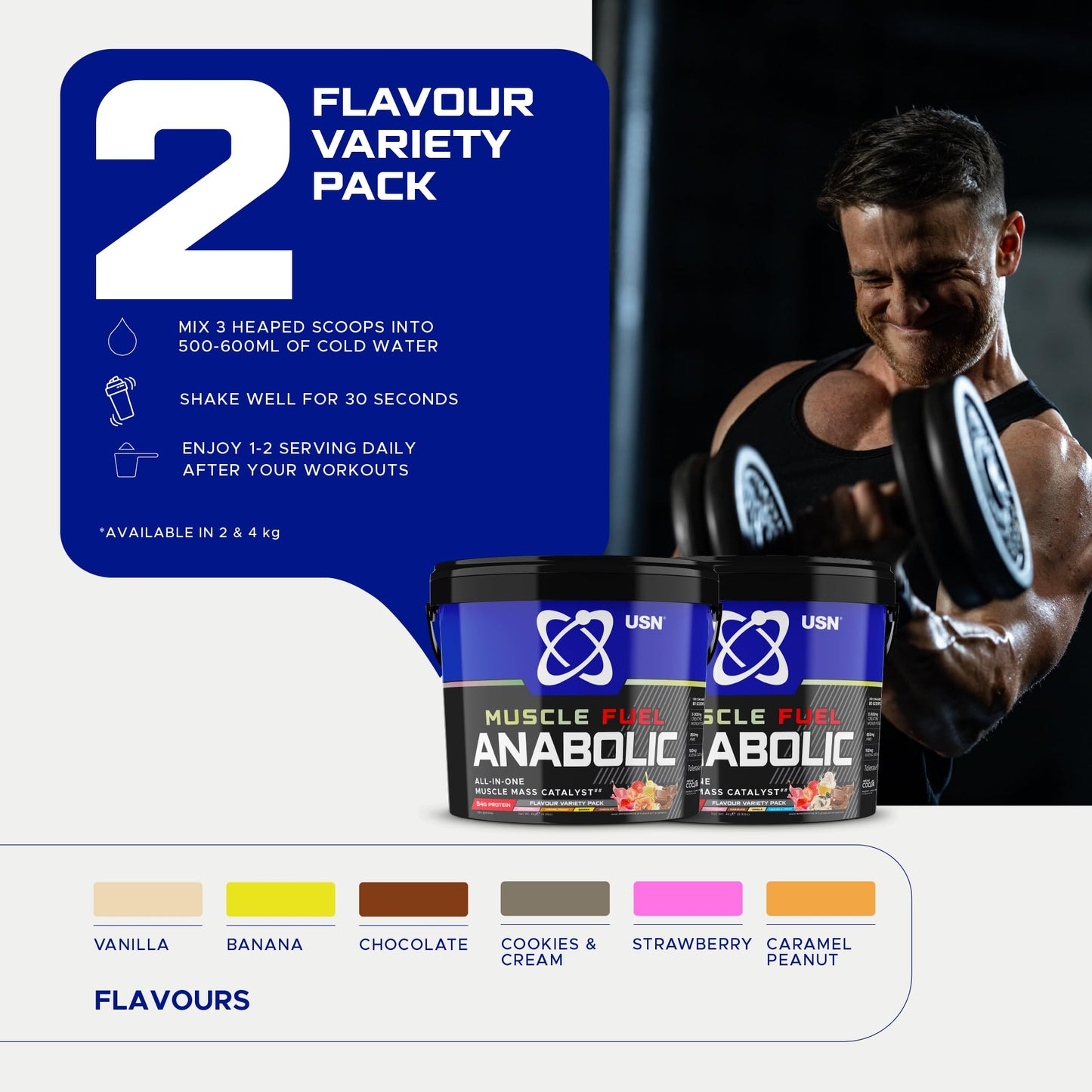 USN Muscle Fuel Anabolic All-In-One Muscle Mass Gainer, Variety Flavour Pack - 4kg, 54g Protein Powder, 5g Creatine Powder & 5g BCAA Powder For Maximum Muscle Growth, Post Workout Recovery Drink Mix
