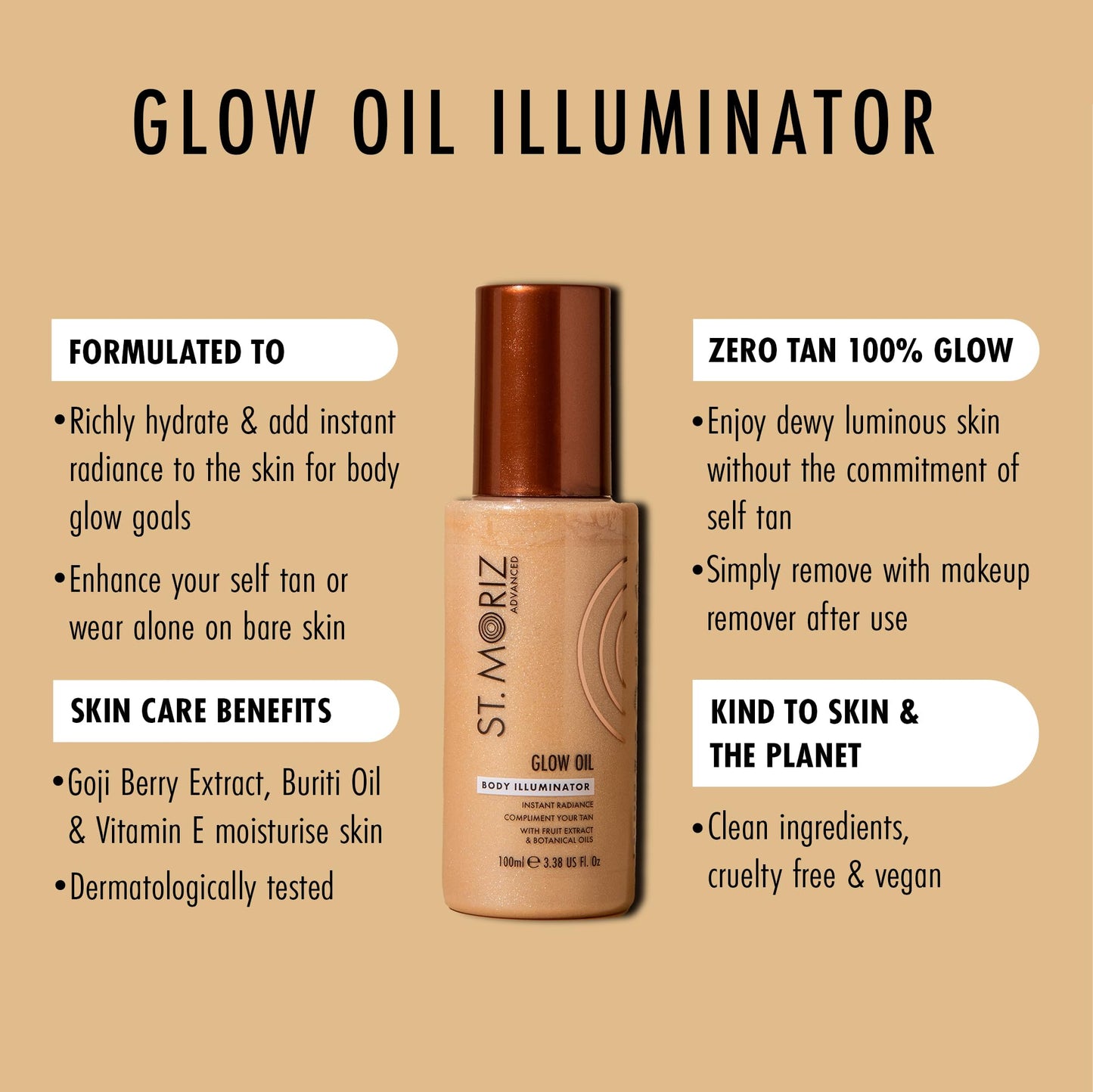 St Moriz Advanced Glow Body Oil | Body Illuminator for Instant Skin Radiance | Body Glow Enhancer | Shimmering Liquid Highlighter for Body | Compliments Your Tan | Vegan | Cruelty Free | 100ml
