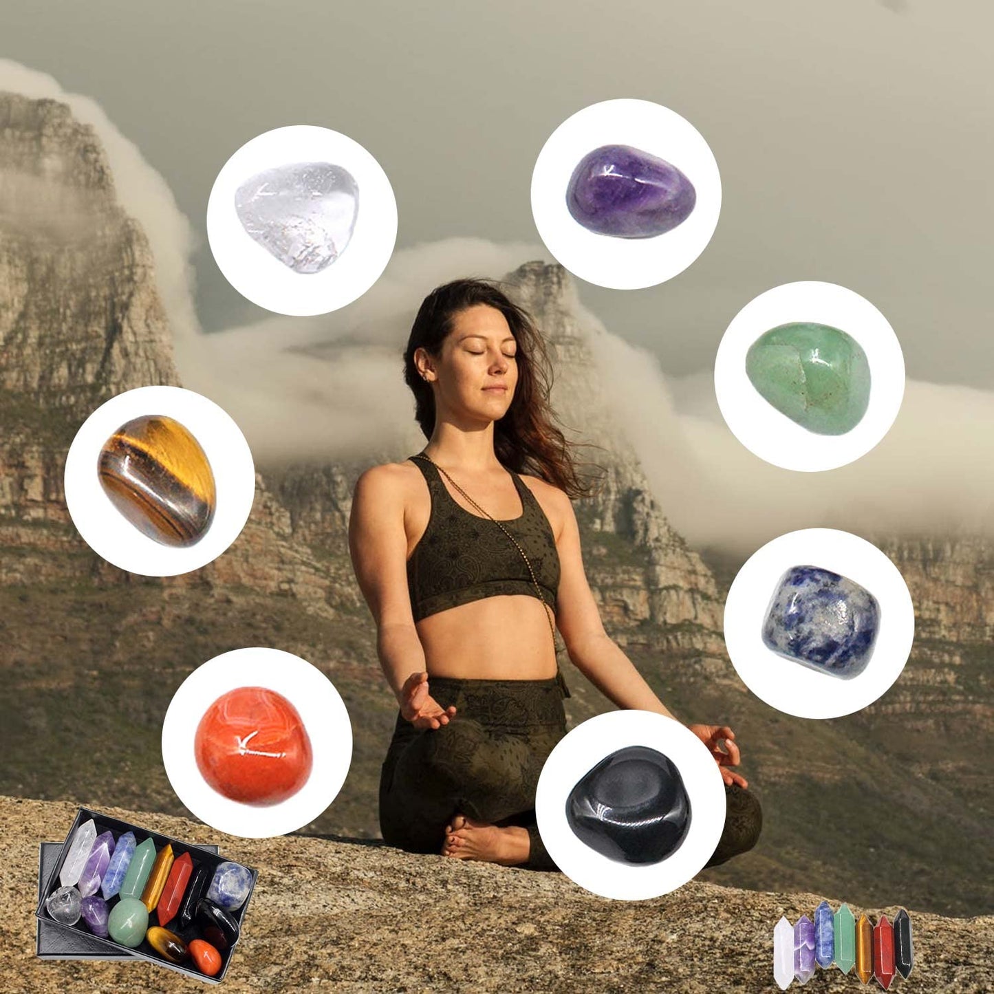 Chakra Stone Healing Crystals Set in Box, Natural Reiki Healing Crystal Points Gemstone Wand Set for Meditation Crystal Therapy Anxiety Relief Balancing Yoga Crystals and Gemstones for beginner(14pcs)