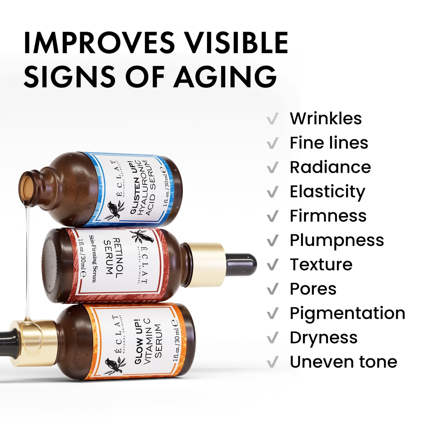 Eclat Skincare Face Serum Set – Vitamin C, Retinol & Hyaluronic Acid (3-Pack)