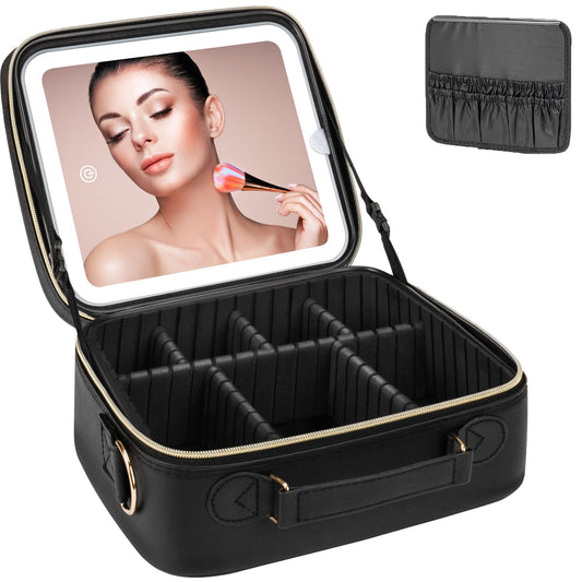 iFalarila Makeup Organizer with LED Mirror, [3 Color and Stepless Dimmable] Rechargeable LED Light for Makeup Bag Train Case with Brushes Storage Organizer, Travel Box Cosmetic Bag for Women - Black