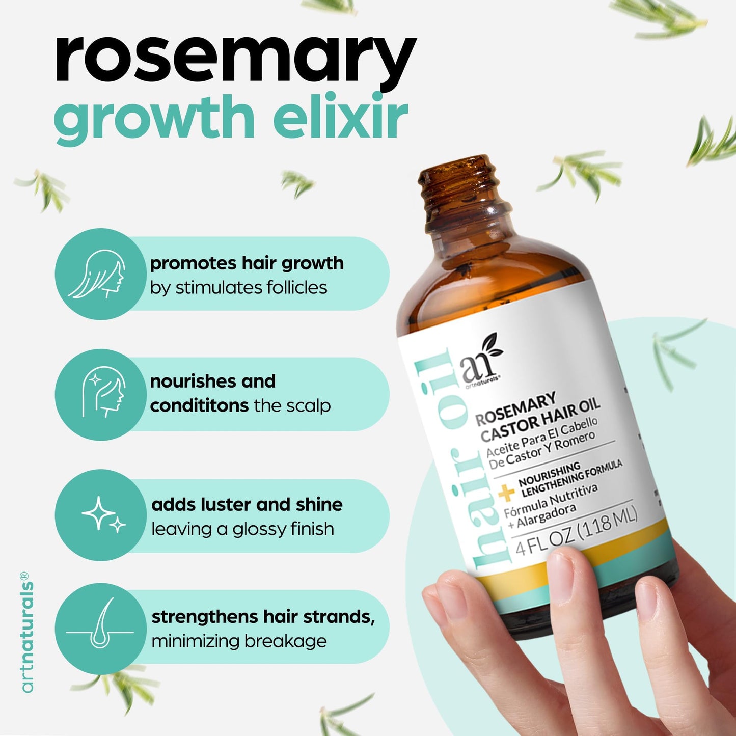 Artnaturals Organic Rosemary Castor Hair Oil + Scalp Massager 118ml ounces with Coconut & Olive Oil for Dry, Damaged & Split End