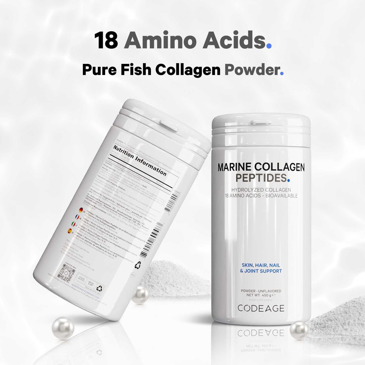 Codeage Marine Collagen Powder - Hydrolyzed Fish Collagen Peptides - Type 1 & 3 Collagen Protein Supplement – 50 Servings, Amino Acids for Skin, Hair, Nails - Non-GMO, 450 Grams