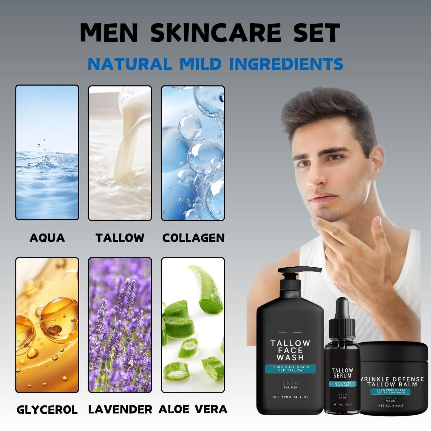Mens Gift Set - Gifts for Dad - Mens Skincare Gift Sets for Face Cream & Face Serum & Face Cleanser - Beef Tallow Skin Care - Mens Skin Care Gift Sets - Gifts for Him - Wrinkle Defense Tallow Balm