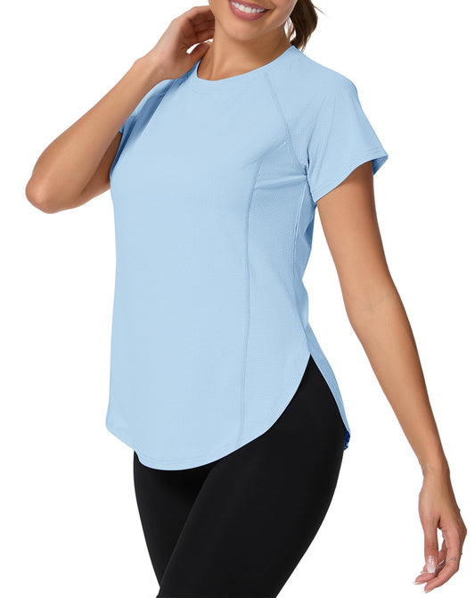 IECCP Women's Gym Shirts Sports T-Shirt Short Sleeve Crew Neck Lightweight Moisture Wicking Quick Dry Running Top with Back Breathable Mesh Sport T-Shirt UV Protection Blue XL