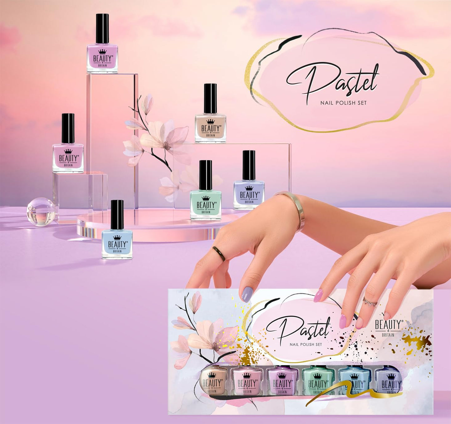 Beauty4Britain 6 x Pastel Nail Polish Set 6 Modern Colours Gift Box Nail Polish Set 10 ml Bottles
