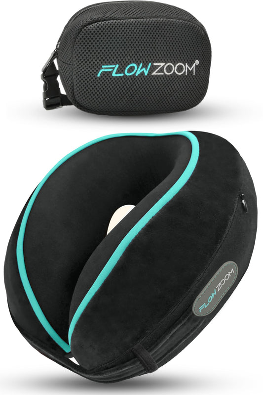 FLOWZOOM Dream Travel Neck Pillow for Airplane & Car – Adjustable Memory Foam Travel Cushion with Higher Sides for Extra Support, Soft, Washable Plush Cover and Compact Mash Bag - Black