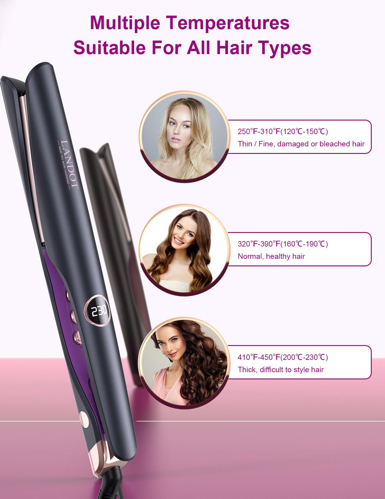 LANDOT 2 in 1 Hair Straightener and Curler, Straightens/Curls/Waves, Adjustable Temperature 120-230℃ for All Hair Types, Professional Pro Twist Styler for Women